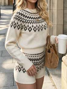 Fall Winter Women's Jacquard Sweater And Shorts Outfit, Stylish Knit Co-Ord With Slight Stretch For Everyday Wear - Beige - View 1