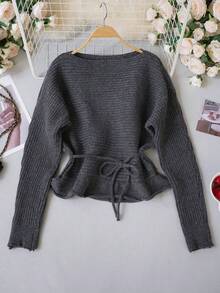 2026 Early Autumn New Dark Gray Cinched Waist Knit Top, Square Neck Ribbed Texture + Belt Ruffle Design, Suitable For Daily Commute And Casual Outings, Basic Style With Effortless Sophisticated Look - Grey - View 7