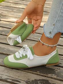Women's Square Toe Satin Colorblock Lace-Up Ballet Style Sneakers, Ruched Heel Flat Casual Athletic Shoes, 1 Pair - Green - View 6