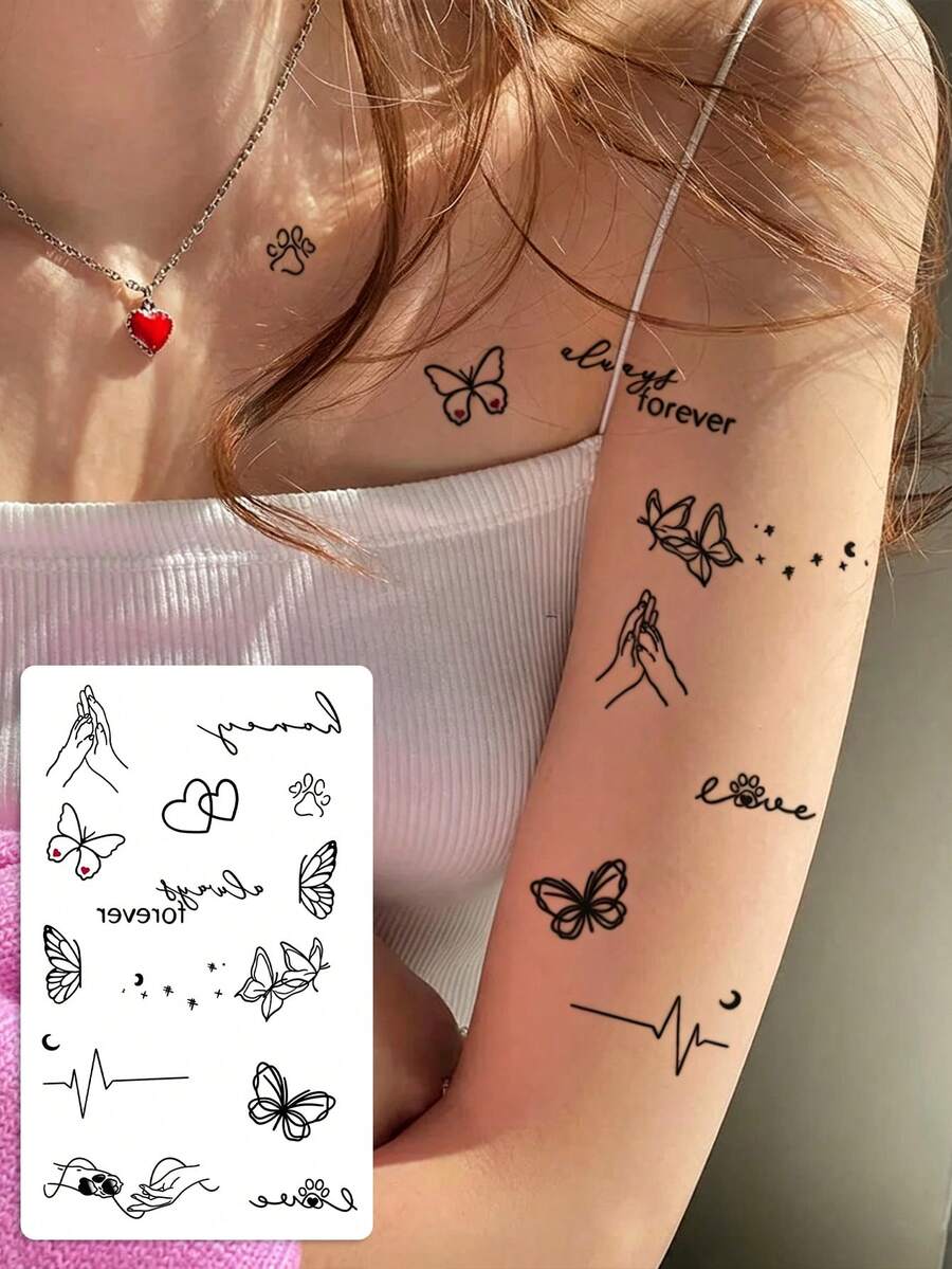 1 Sheet Ins Minimal Temporary Tattoo Stickers, Fine Line Butterfly Heart Paw Print & Cursive Quote Fake Tattoos, Romantic Tiny Body Art For Women, Waterproof Collarbone Decor - Multicolor - View 1