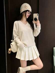 女款時尚秋冬V領針織休閒軟綿百搭毛衣 - 杏色 - 查看 2