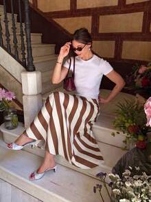 Women's Casual Elegant Pink Striped Print Midi Skirt For Daily, Vacation And Commute - Mocha Brown - View 7