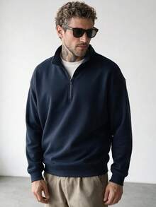 Men's Solid Color Half-Zip Turn Collar Sweatshirt, Minimalist Loose Fit, Autumn/Winter Daily Commute Casual Long Sleeve Pullover - Navy Blue - View 4