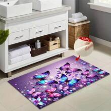 1pc Blue & Purple Butterflies Print Design Microfiber Bath Rug,Non‑Slip Soft Bathroom Mat,Water‑Absorbent Doormat,Machine Washable,Low Pile,TPR Backing,Knit Fabric,ForBedroom,Kitchen,Entryway Indoor Use,Accessories & Home Decor,Perfect New House Gift - A - View 5