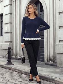 Women's Ribbed Knit Ruffle Hem Sweater, Contrast Lace Trim, Autumn/Winter Long Sleeve Flared Hem Pullover - Royal Blue - View 5