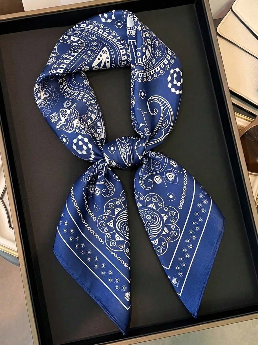 1件波希米亞佩斯利花紋絲綢方巾，尺寸 27.5英吋 X 27.5英吋，時尚設計，適合日常穿著。 - S56299-藍色 - 查看 1