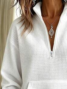 Waffle Knit Casual Fashion Basic Plus Size Women's Zip-Up Long Sleeve Stand Collar Sweatshirt - White - View 4
