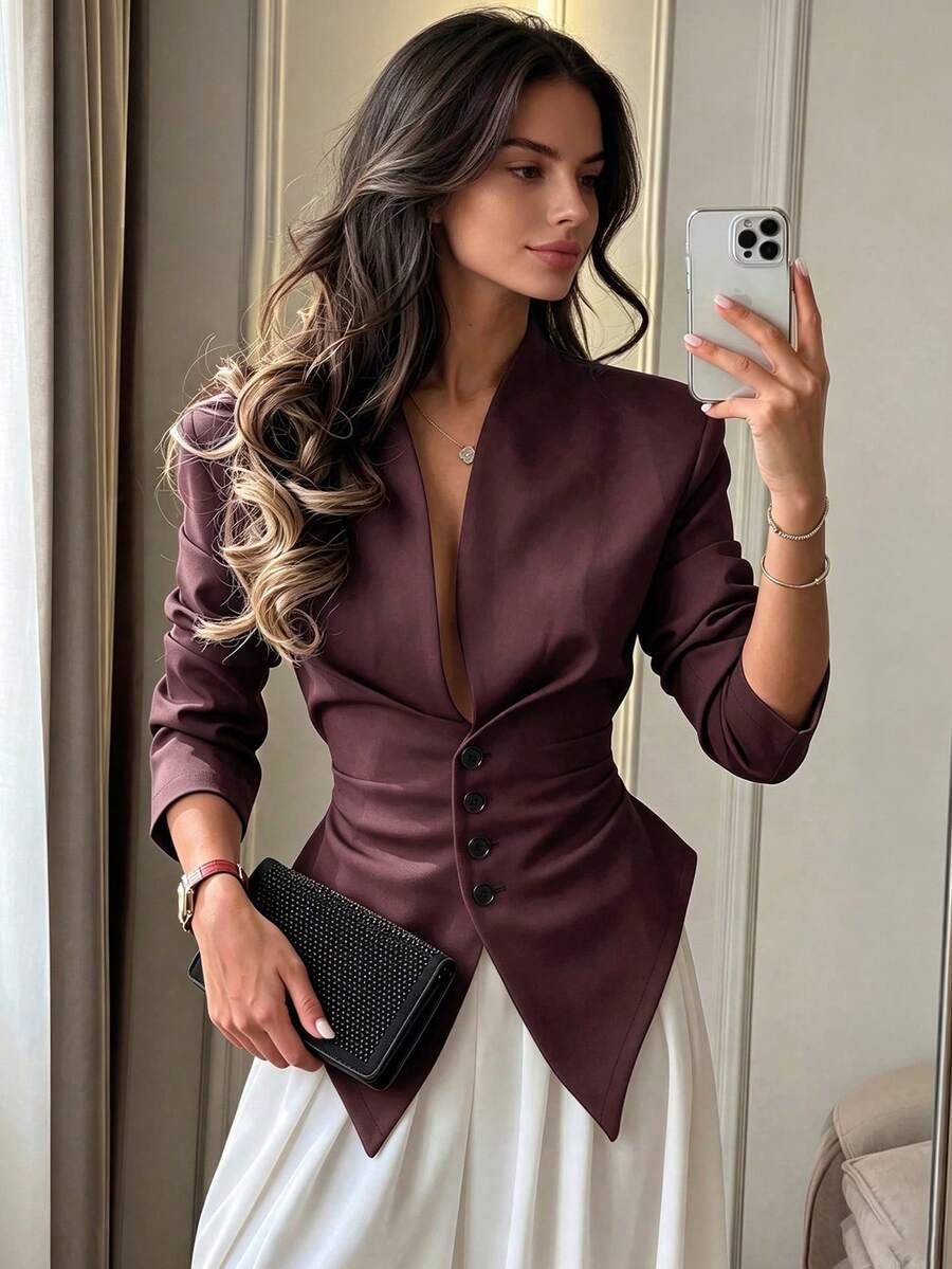 Black Stand Collar Ruffle Trim Blazer, Slim Fit Waist, French Elegant Commuter Style