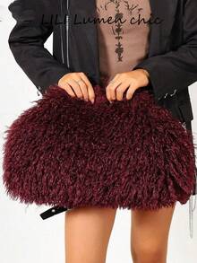 Fluffy Long Fur Handbag, Full Round Silhouette, Minimalist Handle Design, Ample Storage Space, Eye-Catching Style With Strong Atmosphere, Suitable For Parties And Outings, Create Personalized Vintage Atmosphere Outfit, Item Easily Create Eye-Catching Look - Red - View 4