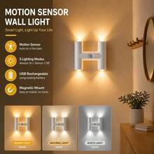 New White Wall-Mounted Motion Sensor Light, LED Dual-Head Up & Down 4-Light Ambient Lamp, USB Rechargeable, Multi-Color Adjustable Brightness, Suitable For Bedroom, Living Room, Hallway And Closet Indoor Decoration - H-type - View 12