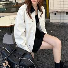 女款美式復古拼色翻領工裝夾克 - 白色 - 查看 7