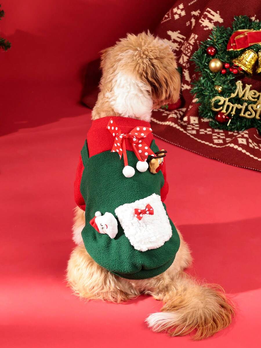 1pc Polyester Warm Christmas Theme Pet Sweater, Green Tone, With Cute Pocket And Santa Claus Bow, Suitable For Small Dogs And Cats, For Indoor And Outdoor Wear