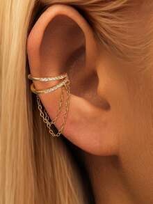 1Pc 925 Sterling Silver Chain Dangle Ear Cuff Gold Tone No Piercing Wrap Ear Cuff With Tassel Chain Sparkling Jewelry For Daily Party Wedding Gift - Gold - View 3