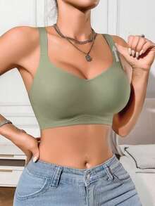 Lilivine 1pc Casual Comfy Green Wireless Seamless Women Bra, Simple Solid Color Bra Wireless - Green - View 5