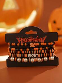 5pcs Gothic Halloween Atmosphere Layered Bracelet Set, BOO Letter Pumpkin Element, Black & Orange Faux Pearl Hand Jewelry, Great Gift Item - Multicolor - View 8