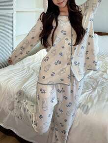 Gongdie 3 Pieces Miffy Women's Pajama Set,Fall White Soft Cotton Loungewear With Lace Trim And Pocket - White - View 4