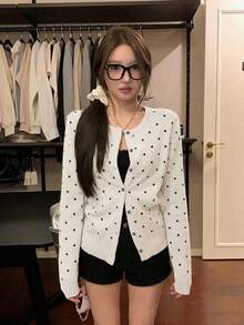 女款圓領針織開襟衫，寬鬆慵懶顯瘦短版外套上衣 - 白色 - 查看 9