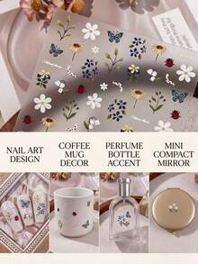 2 Styles Fresh Mori Style Blue Tone Butterfly & Small Flower Decorative Stickers, Holographic Butterfly, Sunflower, Wild Floral & Ladybug Patterns, Suitable For Camera, Phone Case, Earphone Cover, Perfume Bottle, Ceramic Cup And Other Surfaces, Creating Natural Artistic Visual Texture - Decorative Stickers - View 3
