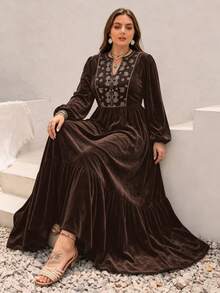 Rusttydustty Autumn/Winter Embroidered V-Neck Velvet Long Sleeve Daily Back To School Vintage Fashion Holiday Elegant Dress - Brown - View 1