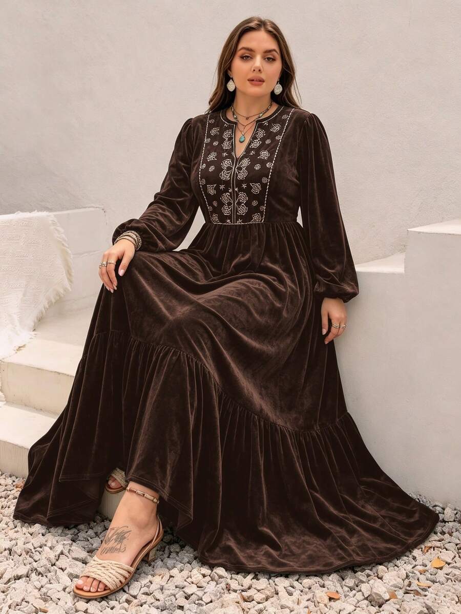 Rusttydustty Autumn/Winter Embroidered V-Neck Velvet Long Sleeve Daily Back To School Vintage Fashion Holiday Elegant Dress - Brown - View 1