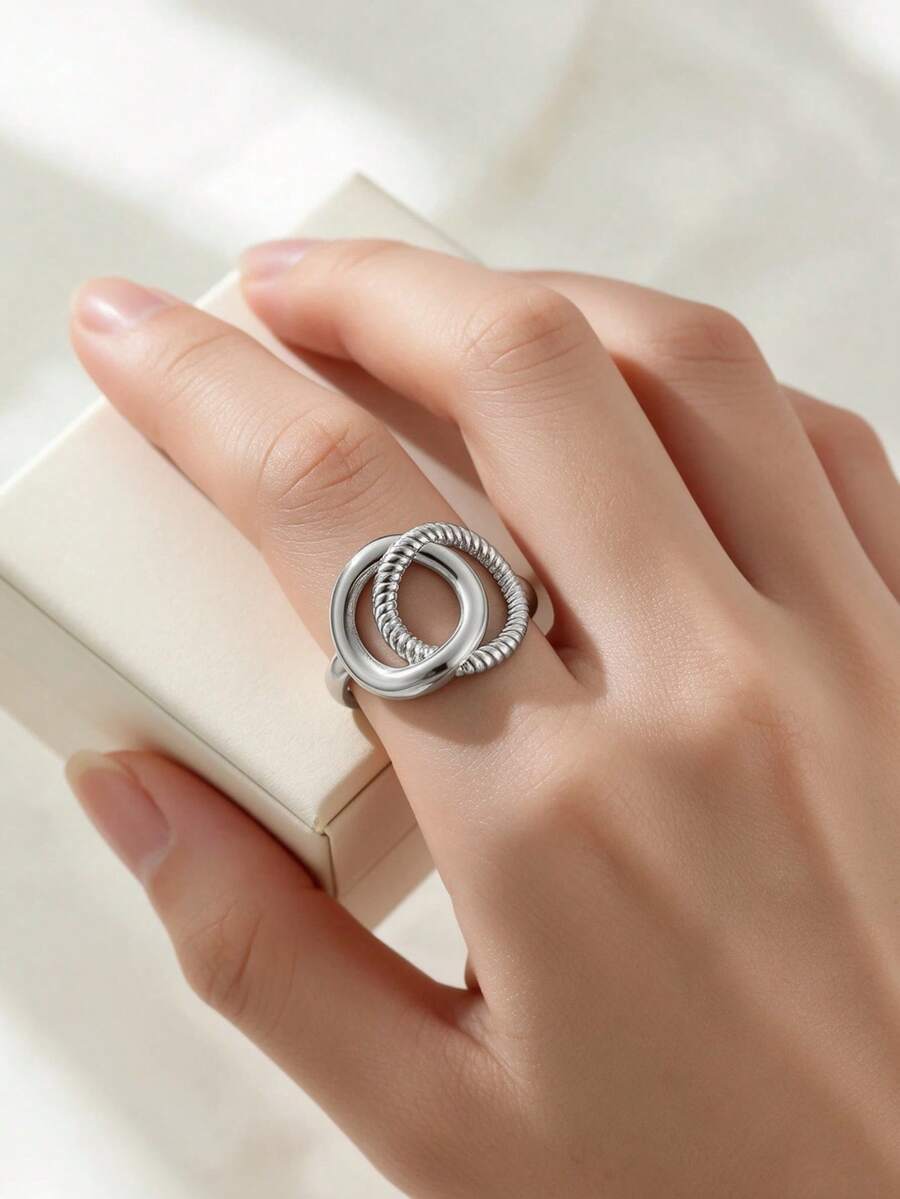 1pc Elegant Silver 304 Stainless Steel Double Ring Interlocking Twisted Decorative Open Ring Suitable For Women Daily Wear Adjustable Stackable - Multicolor - View 1