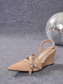 Women's Closed Toe Wedge Sandals 2026 New Style Nude Glossy PU High Heel Pointed Toe Elegant One Strap Slingback Pumps - Apricot - View 7