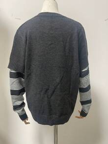 1 buah Sweater Rajut Wanita Motif Kartun Garis-Garis Patchwork 2 in 1, Atasan Rajut Pullover Lengan Panjang untuk Musim Gugur/Dingin - Dark Grey - View 7