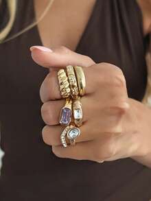 Gold Rhinestone Multi-Piece Stackable Rings, Vintage Rectangular Crystal Mixed Style Women's Exaggerated Knuckle Rings, Daily Party Jewelry - Multicolor - View 2