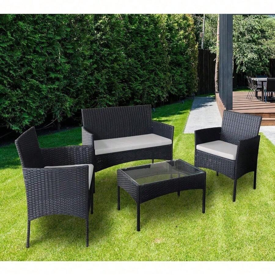 4-Piece Rattan Outdoor Garden Furniture Set, Including 2 Armchairs, 1 Double Sofa And 1 Table, Suitable For Indoor And Outdoor Use - Black - View 1