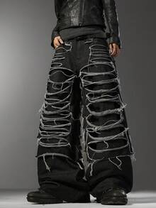 Men's Korean Street‑Style Jeans, Multi‑Ripped Design, Loose Non‑Stretch Wide‑Leg Casual All‑Season Pants (Belt & Accessories Not Included) - Black - View 1