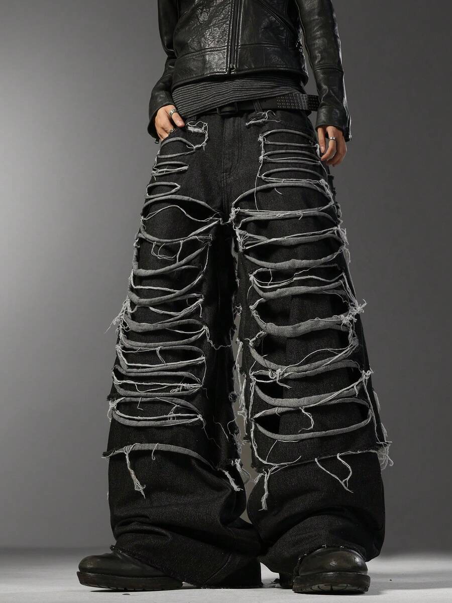 Men's Korean Street‑Style Jeans, Multi‑Ripped Design, Loose Non‑Stretch Wide‑Leg Casual All‑Season Pants (Belt & Accessories Not Included) - Black - View 1