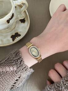 1件女款橢圓石英手錶－金色錶盤羅馬數字刻度獨特錶帶－時尚且適合日常配戴 - 金色 - 查看 4