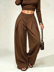 Women's Low Waist Fashion Pleated Solid Color Wide Leg Suit Pants - Coffee Brown - View 3