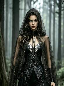 1pc Black Shiny Mesh Hooded Halloween Party Mid-Length Costume Cape - Multicolor - View 5