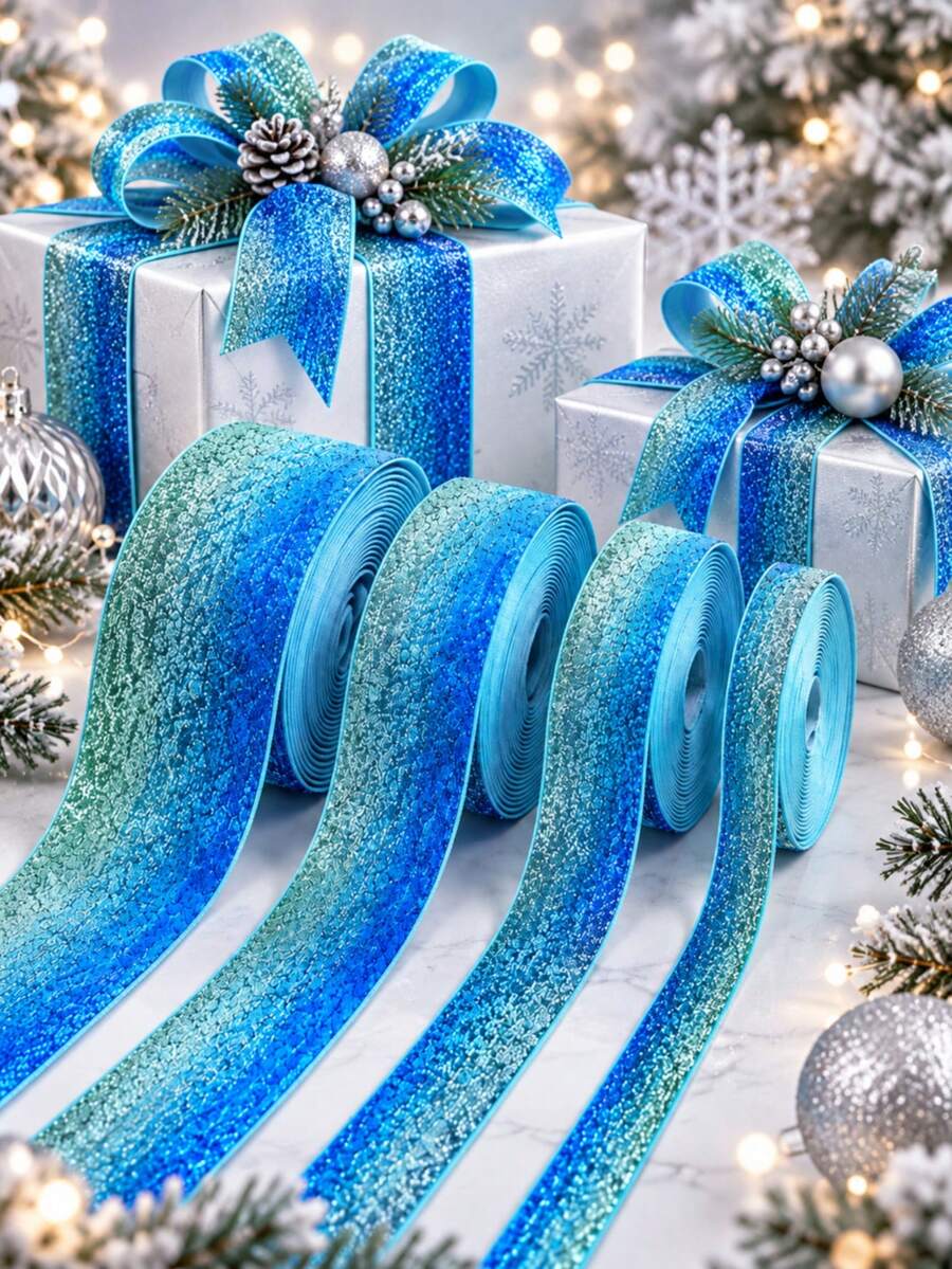 Pita Berkilau Biru Perak 5 Yard, Pita Natal untuk Hadiah, Dekorasi Pohon Natal, Pembungkus Kado - beraneka warna - View 1