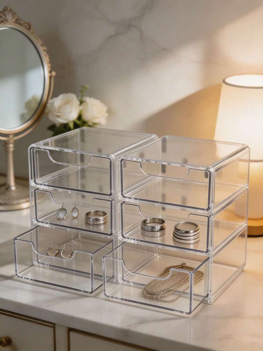 1pc 3-Layer Drawer Jewelry Storage Box, Multi-Compartment Desktop Organizer For Earrings, Hair Accessories, Cosmetics And Small Trinkets, Bedroom Office Study Makeup Drawer Storage, Home Decor And Desktop Storage Supplies - Multicolor - View 1