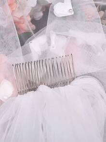 Single Tier Mid-Length Veil With 3D Pearl Flowers, Handmade Fabric Floral Bridal Wedding Veil - Multicolor - View 7