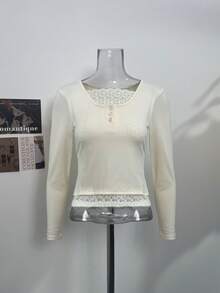 Minimalist Sexy Sexy Girl Autumn Faux Two Pieces Button Lace Patchwork Long Sleeve Simple Versatile Inner Layer Base Top - Apricot - View 6