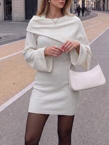 Just Masa Women's Fall Elegant Solid Color Sweater Dress,Flared Sleeve Round Neck Bodycon Mini Dress & Solid Shawl,For Party,Wedding,Birthday,Date - White - View 6