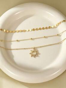 3pcs Exquisite Sun Pendant Necklace Set With Disc And Bead Chain, Multi-Layer Wearable Women's Daily Fashion Jewelry (Bead Quantity Random) - Gold - View 5
