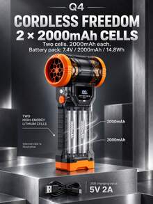 Q4 Vakum Nirkabel Portabel dengan Fungsi Hisap dan Tiup, Hingga 110.000 RPM, 4 Kecepatan yang Dapat Disesuaikan, Lampu LED dan Tampilan Persentase Baterai, Isi Ulang USB, Termasuk 5 Nozel dan Komponen Vakum yang Dapat Dilepas, Cocok untuk Pembersihan Interior Mobil, Keyboard dan Sofa, Penggelembungan, Pendinginan dan Lainnya - Wireless - View 10