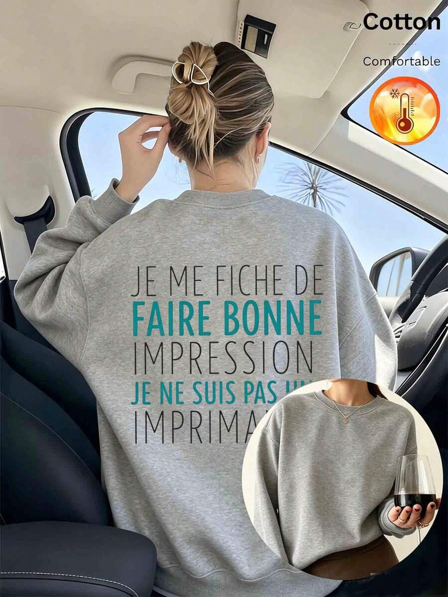 2026 Autumn/Winter Custom Loose Fit Heather Gray Fleece-Lined Pullover Sweatshirt For Women, Letter Print, Minimalist Casual Style - Flower Gray - View 1