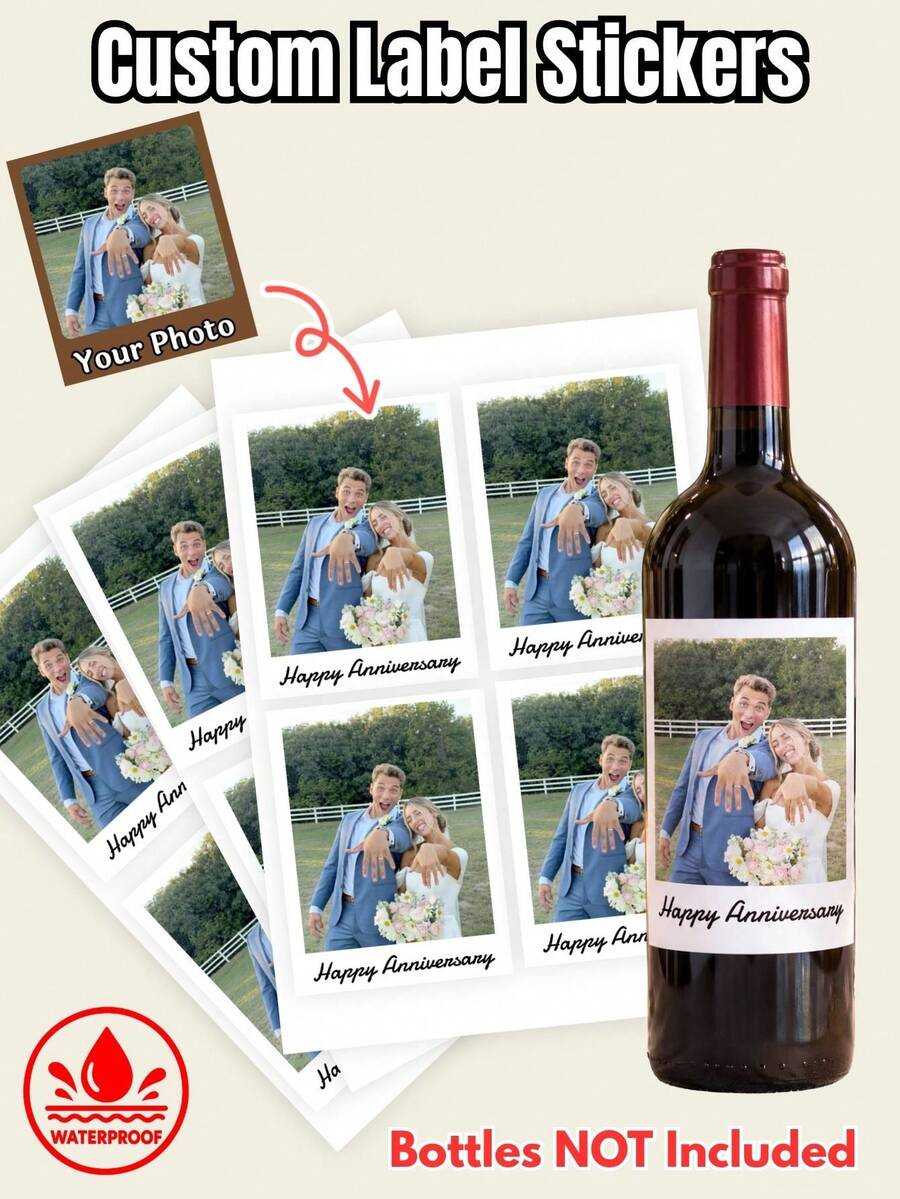 Custom Personalized Photo Wine Bottle Label Stickers, Personalized Waterproof Wine Bottle Decorations,Wedding Anniversary Birthday Party Gift Custom Image And Text Stickers, DIY Wine Bottle Decorations, Christmas Decorations, Wine Bottle Not Included - Multicolor - View 1