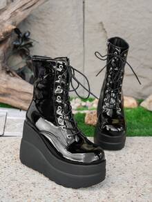 Women's Wedge Heel Thick Sole Boots 2025 New Spring/Autumn Fashion Height-Increasing Lace-Up Side Zipper Short Ankle Boots - Black - View 5