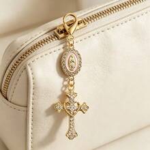 1Pc Religious Style Keychain, Virgin Mary Charm With Rhinestone Heart Cross Pendant, Cute Decorative Key Ring For Car Keys, Handbag Charm Accessory For Women - One Size Fits All - View 5