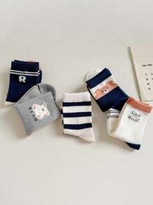 5 Pairs Medium-Thick Kids Socks For Spring, Autumn And Winter, Cute Cartoon Bear Boys And Girls Socks, Navy Blue - Multicolor - View 6
