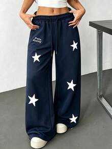 Navy Blue Star Patchwork Wide Leg Sweatpants, Letter Embroidery Drawstring Elastic Waist Loose Street Style Sports Pants - Navy Blue - View 2