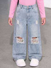 1pc Girls' Denim Jeans, Elastic Waist Street Style Ripped Wide Leg Jeans, Simple Casual Outfit - Medium Wash - View 1