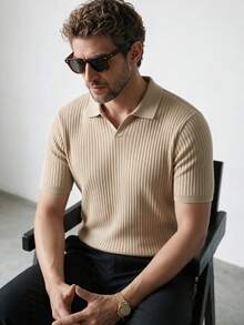 Men's Ribbed Knit Short Sleeve Polo Shirt, Summer Slim Fit Turndown Collar Polo Shirt, Casual Chic Wear - Apricot - View 2