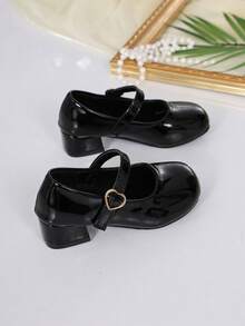 Girls Black Shiny Heart Buckle Chunky Heel Mary Jane Shoes Stage Performance Dress Princess High Heel Pumps - Black - View 5